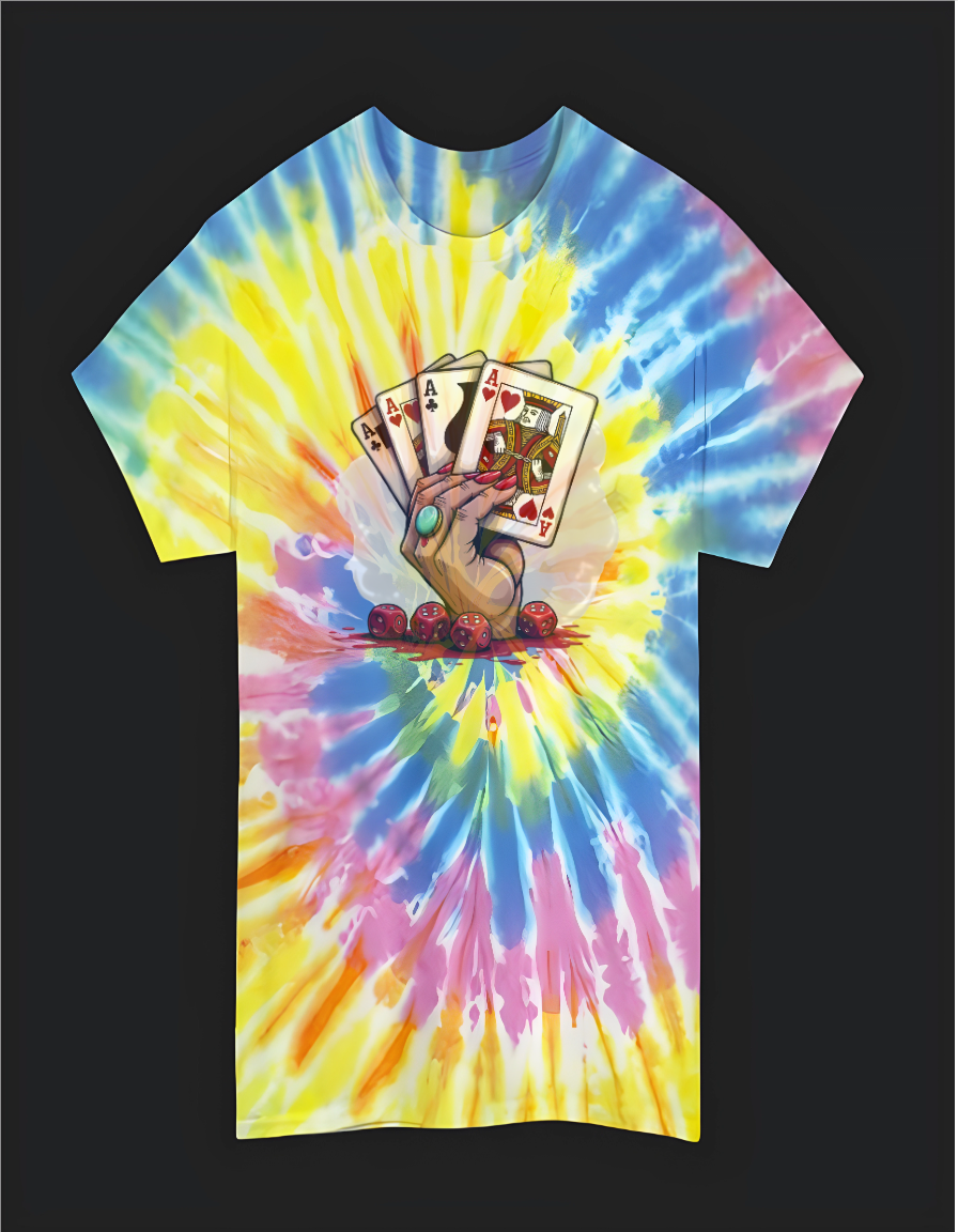 Vibrant Tie Dye Tee with Poker Design - Perfect for Casual Outings, Music Festivals, Gifts, Summer Fun, and Poker Nights