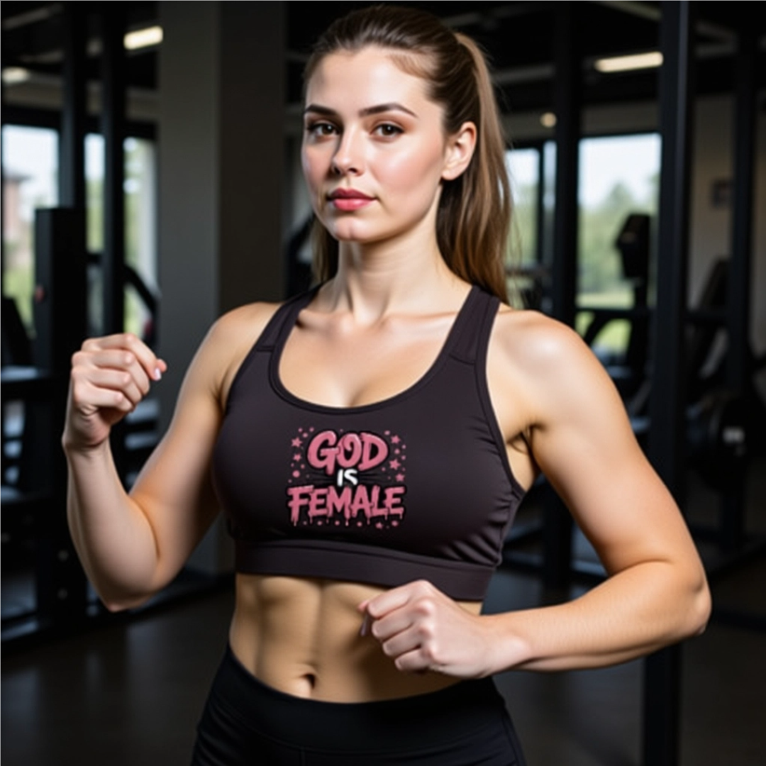 Empowerment Sports Bra – GOD IS FEMALE Pink Graffiti Drip Design, Star Accents