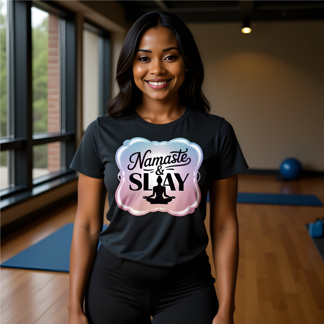 Namaste & SLAY Shirt – Deep Pink Script & Bold Typography with Meditating Woman Silhouette