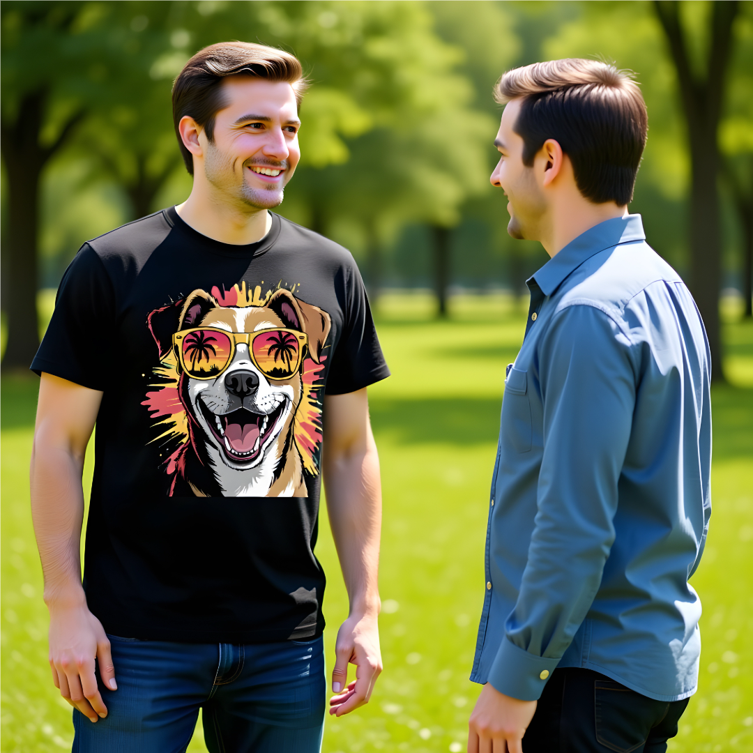 HappyPup Happy Dog T-Shirt – Vibrant Sunglasses Pup with Palm Tree Reflections
